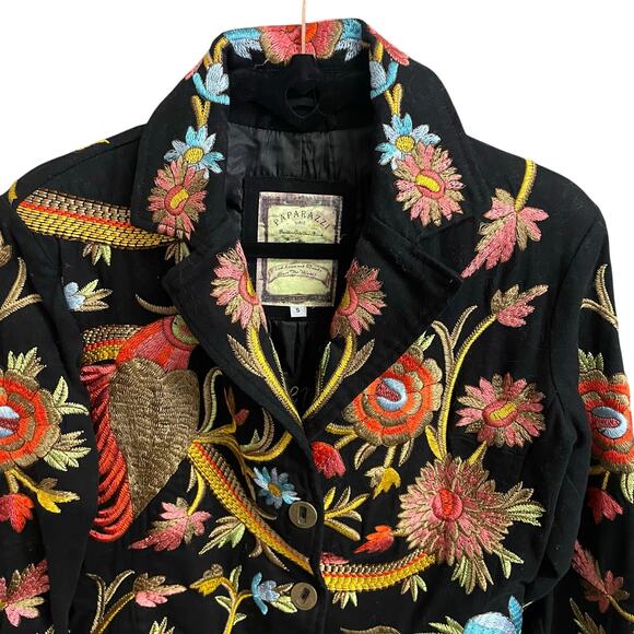 Paparazzi by BIZ Black Multicolor Floral Bird Embroidered Jacket Womens Small - Picture 2 of 7